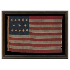 ANTIQUE AMERICAN FLAG WITH 13 HAND-SEWN STARS IN AN EXTREMELY RARE LINEAL CONFIGURATION OF 5-3-5, PROBABLY MADE WITH THE INTENT OF USE BY LOCAL MILITIA OR PRIVATE OUTFITTING OF A VOLUNTEER COMPANY, CIVIL WAR PERIOD, 1861-1865
