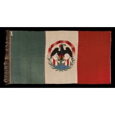 SALTILLO SERAPE, MADE circa 1885-1910, IN THE VARY RARE FORM OF THE MEXICAN NATIONAL FLAG; ACQUIRED IN MEXICO BY TEXTILE MANUFACTURING MOGUL AND BANKER, A.L. WILLISTON (1834-1915) AND HIS WIFE, SARAH (1839-1912), OF NORTHAMPTON, MASSACHUSETTS