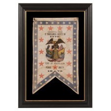 RARE, SWALLOWTAIL FORMAT, 1876 CENTENNIAL BANNER, WITH PATRIOTIC PHRASES, AN EAGLE, CARRYING THE LIBERTY BELL AMIDST TIPPED FLAGS OF 6 NATIONS, AND 13 LARGE, RED STARS, ALL SET WITHIN A BLUE BORDER WITH 38 WHITE STARS
