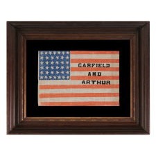RARE 38 STAR ANTIQUE AMERICAN FLAG, MADE FOR THE 1880 PRESIDENTIAL CAMPAIGN OF JAMES GARFIELD & CHESTER ARTHUR, WITH STRONG COLORS AND WHIMSICAL, WESTERN STYLE LETTERING