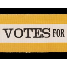 SILK SUFFRAGETTE SASH RIBBON IN YELLOW & WHITE WITH "VOTES FOR WOMEN" TEXT, circa 1910-1915