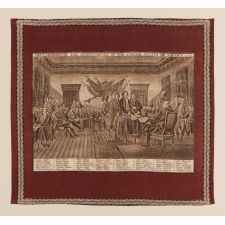 RARE, LARGE SCALE KERCHIEF WITH A BEAUTIFULLY ENGRAVED IMAGE OF JOHN TRUMBULL’S “DECLARATION OF INDEPENDENCE,” LIKELY MADE IN 1826 FOR OUR NATIONS SEMICENTENNIAL (50TH ANNIVERSARY); THE ONLY EXAMPLE I HAVE EVER SEEN OF THIS EXCEPTIONALLY RARE TEXTILE THAT RETAINS ITS ORIGINAL, RED COLORATION