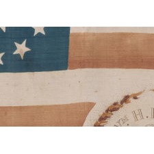 13 STARS ON A FLAG MADE FOR THE 1840 PRESIDENTIAL CAMPAIGN OF WILLIAM HENRY HARRISON, WITH THE INCLUSION OF A THREE-COLOR PORTRAIT MEDALLION, IN VIOLET , GOLD, AND BLACK; AMONG THE EARLIEST OF ALL PRINTED FLAGS KNOWN TO EXIST; REFLECTS THE VERY FIRST NOMINEE FOR WHOM PRESIDENTIAL CAMPAIGN PARADE FLAGS WERE MADE