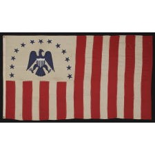 RARE REVENUE CUTTER SERVICE FLAG WITH A BLUE EAGLE AMID AN ARCH OF 13 BLUE STARS, ON A WHITE FIELD, AND AN UNUSUAL COUNT OF 17 VERTICAL RED AND WHITE STRIPES, CA 1880-1895