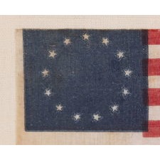 13 STAR ANTIQUE AMERICAN PARADE FLAG, OF THE TYPE ISSUED TO SUPPORTERS OF THE BETSY ROSS HOUSE IN ITS INFANCY AS A MUSEUM, ONE OF THE FIRST PRINTED FLAGS PRODUCED IN THIS DESIGN, circa 1898 – 1915
