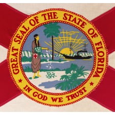 VINTAGE FLORIDA STATE FLAG, IN A VARIANT OF THE VERSION ADOPTED IN NOVEMBER OF 1900, IN USE UNTIL MAY 21ST, 1985, MADE AND SIGNED BY THE VALLEY FORGE FLAG COMPANY IN PENNSYLVANIA, circa 1963-1970