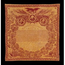 EXCEPTIONAL 1821 PRINTING OF THE DECLARATION OF INDEPENDENCE ON CLOTH, IN MULBERRY RED ON A SULFER YELLOW GROUND, PRODUCED AND DISTRIBUTED BY ROBERT & COLLIN GILLESPIE FOR THE AMERICAN MARKET, AN UNUSUALLY LARGE EXAMPLE AMONG KNOWN VERSIONS OF THIS TEXTILE, IN EXTRAORDINARY CONDITION