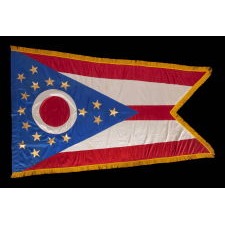 IMPORTANT OHIO STATE FLAG, AMONG THE FIRST, OR PERHAPS EVEN THE VERY FIRST EVER PRODUCED; DESIGNED BY CLEVELAND ARCHITECT JOHN EISENMANN IN 1901, TO ACOMPANY THE STRUCTURE HE LIKEWISE DESIGNED TO HOUSE THE OHIO EXHIBIT AT THE 1901 PAN-AM EXPO IN BUFFALO, NY; PRESENTED TO FAIR ORGANIZER AND OHIO NATIVE, WILLIAM BUCHANAN (AMB. TO ARGENTINA, ORGANIZER OF THE WORLD COLUMBIAN EXPOSITION, AND AMB. TO PANAMA), FOLLOWING USE AT THE EVENT WHERE OHIO NATIVE, PRESIDENT WILLIAM MCKINLEY, WAS ASSASSINATED