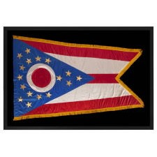 IMPORTANT OHIO STATE FLAG, AMONG THE FIRST, OR PERHAPS EVEN THE VERY FIRST EVER PRODUCED; DESIGNED BY CLEVELAND ARCHITECT JOHN EISENMANN IN 1901, TO ACOMPANY THE STRUCTURE HE LIKEWISE DESIGNED TO HOUSE THE OHIO EXHIBIT AT THE 1901 PAN-AM EXPO IN BUFFALO, NY; PRESENTED TO FAIR ORGANIZER AND OHIO NATIVE, WILLIAM BUCHANAN (AMB. TO ARGENTINA, ORGANIZER OF THE WORLD COLUMBIAN EXPOSITION, AND AMB. TO PANAMA), FOLLOWING USE AT THE EVENT WHERE OHIO NATIVE, PRESIDENT WILLIAM MCKINLEY, WAS ASSASSINATED