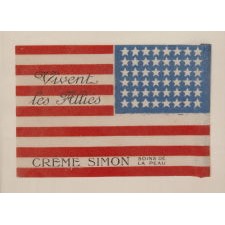 48 STAR AMERICAN FLAG, MADE IN FRANCE, CELEBRATING LIBERATION FROM THE GERMANS AND ALLIED VICTORY DURING WWII, WITH ADVERTISING FOR “CRÈME SIMON,” FORMERLY IN THE COLLECTION OF RICHARD PIERCE