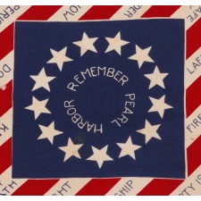 RARE, WWII, "REMEMBER PEARL HARBOR" BANDANNA WITH 13 STARS AND A STRIPED FIELD WITH TWELVE, ICONIC, PATRIOTIC SLOGANS