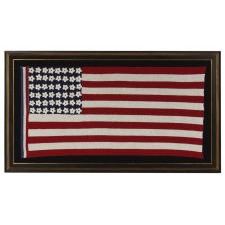 48 STAR, CROCHETED, ANTIQUE AMERICAN FLAG OF THE WWII ERA (1941-1945), A BEAUTIFUL, HOMEMADE EXAMPLE, WITH A RED, WHITE, & BLUE HOIST AND FLOWER-LIKE STARS