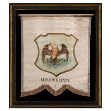 UNIQUE, HAND-PAINTED BANNER WITH THE SEAL OF THE STATE OF MISSISSIPPI, LIKELY HAVING REPRESENTED DELEGATES FROM THAT STATE AT THE 1872 REPUBLICAN OR DEMOCRAT NATIONAL CONVENTION [SIMILAR EXAMPLES IDENTIFIED AT BOTH]