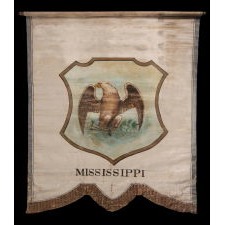 UNIQUE, HAND-PAINTED BANNER WITH THE SEAL OF THE STATE OF MISSISSIPPI, LIKELY HAVING REPRESENTED DELEGATES FROM THAT STATE AT THE 1872 REPUBLICAN OR DEMOCRAT NATIONAL CONVENTION [SIMILAR EXAMPLES IDENTIFIED AT BOTH]