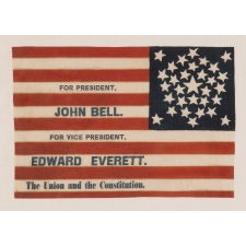 31 STAR PARADE FLAG, MADE FOR THE 1860 CAMPAIGN OF JOHN BELL & EDWARD EVERETT, WITH A “UNION AND THE CONSTITUTION” SLOGAN, PROBABLY MADE BY H.C. HOWARD OF PHILADELPHIA