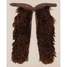 WOOLY, ANGORA CHAPS WITH BEAUTIFULLY TOOLED LEATHER, MADE BY THE JOHN CLARK SADDLERY COMPANY OF PORTLAND, OREGON, SIGNED, CIRCA 1873-1929