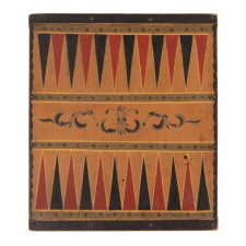 CARRIAGE-PAINTED, FIVE-COLOR, AMERICAN BACKGAMMON BOARD WITH A PUMPKING ORANGE GROUND, DECORATED WITH BRASS STUDS, circa 1880