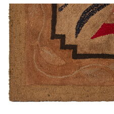 WOOL HOOKED RUG WITH A BILLOWING AMERICAN FLAG AND A FORKED TAIL STREAMER WITH THE “DON’T TREAD ON ME” SLOGAN; made Circa 1880-1910; THE 5 STAR COUNT, IF PURPOSEFUL, WOULD CELEBRATE THE NUMBER OF STATES THAT AFFORDED WOMEN THE RIGHT TO VOTE; EX-AMERICA HURRAH, ILLUSTRATED IN THEIR 1975 BOOK “HOOKED & SEWN RUGS”