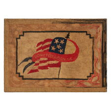 Circa 1880-1910 WOOL HOOKED RUG WITH AN AMERICAN FLAG AND A FORKED TAIL STREAMER BEARING WITH “DON’T TREAD ON ME” SLOGAN; THE 5 STAR COUNT, IF PURPOSEFUL, WOULD CELEBRATE THE NUMBER OF STATES THAT AFFORDED WOMEN THE RIGHT TO VOTE; EX-AMERICA HURRAH, ILLUSTRATED IN THEIR 1975 TEXT “HOOKED & SEWN RUGS”