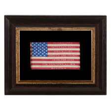 FRENCH-DESIGNED AMERICAN FLAG, WOVEN SILK WITH TEXT ON BOTH SIDES, PRODUCED FOR THE 100TH ANNIVERSARY OF AMERICAN INDEPENDENCE; LIKELY MADE IN PHILADELPHIA AT THE 1876 CENTENNIAL INTERNATIONAL EXPOSITION