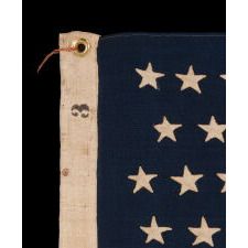 38 HAND-SEWN STARS ON AN ANTIQUE AMERICAN FLAG IN AN EXTRAORDINARILY TINY SCALE AMONG ITS PIECED-AND-SEWN COUNTERPARTS, MADE AT THE TIME WHEN COLORADO WAS THE MOST RECENT STATE TO JOIN THE UNION, 1876-1889; PROBABLY MADE BY THE ANNIN COMPANY IN NEW YORK CITY, SIGNED BY MEMBERS OF THE GRIMES & JOHNSON FAMILIES OF CANANDAIGUA, NEW YORK
