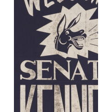 GRAPHIC BANNER WELCOMING JOHN F. KENNEDY AS JUNIOR SENATOR FROM MASSACHUSETTS, WITH NEIGHING DEMOCRAT DONKEY AND GLITTERED LETTERING, 1953-1960, SINGULAR AMONG KNOWN OBJECTS; SAID TO HAVE BEEN HUNG FROM A BRIDGE IN TROY, NEW YORK, TO WELCOME HIM TO THE CITY, DURING HIS 1960 CAMPAIGN FOR THE WHITE HOUSE