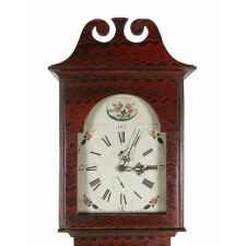   NARROW PROFILE TALL CASE CLOCK, WITH WORKS ATTRIBUTED TO CINCINNATI CLOCK-MAKER LUMMAN WATSON, BEAUTIFULLY COMB-DECORATED IN RED OVER BLACK, WITH AN EXTREMELY UNUSUAL BASE THAT FEATURES A WHIMSICALLY INVERTED TAPER, POSSIBLY OF KENTUCKY OR TENNESSEE ORIGIN, circa 1810-1834