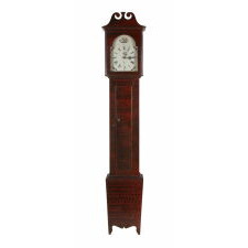 NARROW PROFILE TALL CASE CLOCK, WITH WORKS ATTRIBUTED TO CINCINNATI CLOCK-MAKER LUMMAN WATSON, BEAUTIFULLY COMB-DECORATED IN RED OVER BLACK, WITH AN EXTREMELY UNUSUAL BASE THAT FEATURES A WHIMSICALLY INVERTED TAPER, POSSIBLY OF KENTUCKY OR TENNESSEE ORIGIN, circa 1810-1834
