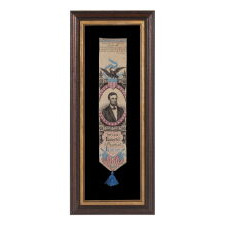 STEVENSGRAPH BOOKMARK / RIBBON WITH TEXT MOURNING THE DEATH OF ABRAHAM LINCOLN AND HIS PORTRAIT, MADE BY THOMAS STEVENS, WHO INVENTED THE PROCESS BY WHICH THESE WERE PRODUCED, circa 1865-1876
