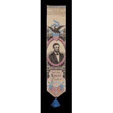 STEVENSGRAPH BOOKMARK / RIBBON WITH TEXT MOURNING THE DEATH OF ABRAHAM LINCOLN AND HIS PORTRAIT, MADE BY THOMAS STEVENS, WHO INVENTED THE PROCESS BY WHICH THESE WERE PRODUCED, circa 1865-1876