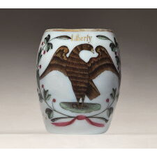 EARLY BOHEMIAN MILK GLASS MUG WITH PATRIOTIC AMERICAN IMAGERY THAT INCLUDES AN EAGLE, 16 STARS, AND THE CAPTION “LIBERTY”, circa 1796-1803