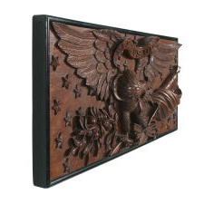 EXPERTLY CARVED AMERICAN FEDERAL EAGLE, SURROUNDED BY 22 STARS, (PROBABLY A SOUTHERN-EXCLUSIONARY STAR COUNT,) WITH THE BACKGROUND EXECUTED IN UNUSUALLY DEEP RELIEF; THE HEAD DIRECTED TOWARDS A CLUSTER OF ARROWS AND A FLAG WITH ITS SPEAR SHAPED FINIAL OUTWARD AND UPWARD; MADE FROM A THICK PLANK OF SOLID MAHOGANY, LIKELY CIVIL WAR PERIOD, circa 1861-1865