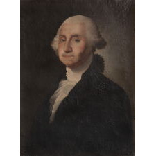 PAINTING OF GEORGE WASHINGTON IN OIL ON CANVAS, AN EARLY EXAMPLE, RENDERED circa 1830-1850's, A VERY PLEASING AND WELL-EXECUTED COPY OF GILBERT STUART'S ATHENAEUM PORTRAIT