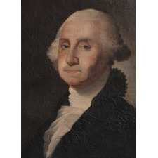 PAINTING OF GEORGE WASHINGTON IN OIL ON CANVAS, AN EARLY EXAMPLE, RENDERED circa 1830-1850's, A VERY PLEASING AND WELL-EXECUTED COPY OF GILBERT STUART'S ATHENAEUM PORTRAIT