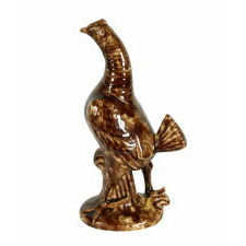 LARGE AND EXCEPTIONALLY RARE GAME BIRD FIGURE IN YELLOWWARE WITH ROCKINGHAM GLAZE, PRODUCED BY THE MORTON POTTERY IN ILLINOIS, BUT NEVER DISTRIBUTED, HANDED DOWN THROUGH THE FAMILY OF AN EMPLOYEE, circa 1880-1890