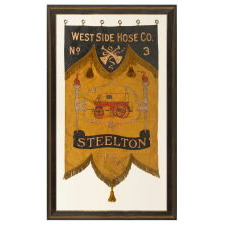 HAND-PAINTED AND GILDED, SILK FIRE HOUSE BANNER, COMMISSIONED BY THE WEST SIDE HOSE COMPANY OF STEELTON [HARRISBURG], PENNSLVANIA TO CELEBRATE THE HOUSING OF THEIR NEW CHEMICAL & HOSE CARRIAGE ON AUGUST 28TH, 1904; AN EXCEPTIONALLY RARE OBJECT IN FIRE COLLECTING