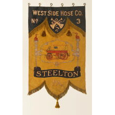 HAND-PAINTED AND GILDED, SILK FIRE HOUSE BANNER, COMMISSIONED BY THE WEST SIDE HOSE COMPANY OF STEELTON [HARRISBURG], PENNSLVANIA TO CELEBRATE THE HOUSING OF THEIR NEW CHEMICAL & HOSE CARRIAGE ON AUGUST 28TH, 1904; AN EXCEPTIONALLY RARE OBJECT IN FIRE COLLECTING