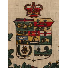 CANADIAN RED ENSIGN WITH A COMPOSITE SHILED THAT FEATURES 7 PROVINCES, IN USE FROM APPROXIMATELY 1873 – 1896; ONE OF THE EARIEST VERSIONS, APPEARING JUST 5 YEARS AFTER THE INTRODUCTION OF THE BASIC DESIGN; HIGHLY UNUSUAL WITH THE DEVICE ON A WHITE RECTANGULAR PANEL