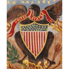 HAND-PAINTED BANNER WITH FLORIATED SCROLLWORK SURROUNDING A WHIMSICALLY PAINTED FEDERAL EAGLE, WITH 46 STYLIZED STARS ABOVE AND 34 STARS ON ITS 21-STRIPE SHIELDED BREAST, circa 1907-1912