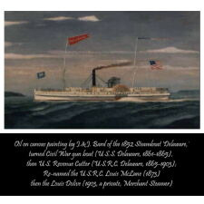 1852-1860 RED, WHITE, AND BLUE FLAG MADE BY SARAH McFADDEN IN NEW YORK FOR THE STEAMSHIP ‘DELAWARE,’ CONSCRIPTED INTO FEDERAL SERVICE TO BECOME A CIVIL WAR GUN BOAT (U.S.S. DELAWARE, 1861-1865), THEN A U.S. REVENUE CUTTER (U.S.R.C. DELAWARE, (1865-1903); RE-NAMED THE U.S.R.C. LOUIS MCLANE (1873)
