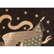 EXCEPTIONAL SAILOR’S SOUVENIR EMBROIDERY FROM THE ORIENT, WITH 13 STARS, CROSSED FLAGS, AND A FEDERAL EAGLE, PERCHED FOR FLIGHT, ON A PATRIOTIC SHIELD; SIGNIFICANTLY LARGER AND MORE BEAUTIFUL THAN WHAT IS TYPICALLY ENCOUNTERED, circa 1885-1910