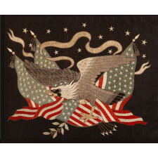 EXCEPTIONAL SAILOR’S SOUVENIR EMBROIDERY FROM THE ORIENT, WITH 13 STARS, CROSSED FLAGS, AND A FEDERAL EAGLE, PERCHED FOR FLIGHT, ON A PATRIOTIC SHIELD; SIGNIFICANTLY LARGER AND MORE BEAUTIFUL THAN WHAT IS TYPICALLY ENCOUNTERED, circa 1885-1910