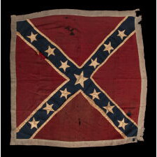 CIVIL WAR PERIOD, CONFEDERATE, SOUTHERN CROSS BATTLE FLAG, IN A VARIANT OF THE TYPE MADE AT THE RICHMOND DEPOT, PRIMARILY DISTRIBUTED TO ROBERT E. LEE’S ARMY OF NORTHERN VIRGINIA; FIELD-CARRIED AND QUITE POSSIBLY CAPTURED, LIKELY PRODUCED BETWEEN JULY, 1862 AND FEBRUARY, 1865, AS PART OF THE 3rd OR 7th BUNTING ISSUES
