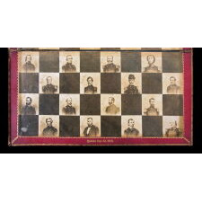 INCREDIBLY RARE, CIVIL WAR PERIOD CHESS SET WITH THE BOARD FEATURING ALBUMEN PHOTOS OF ABRAHAM LINCOLN & A CONTINGENT OF UNION ARMY GENERALS, PATENTED IN 1862 BY WALTER S. HILL & SAMUEL T. REED OF NEW YORK CITY, WITH EXTREMELY LARGE PLAYING PIECES MADE OF HAND-CARVED BONE THAT REMARKABLY DISASSEMBLE FOR EASE OF CARRYING IN THE FIELD