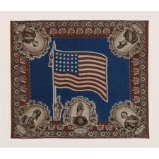 GRAPHIC AND COLORFUL, PORTRAIT STYLE KERCHIEF MADE FOR THE 1848 PRESIDENTIAL CAMPAIGN OF ZACHARY TAYLOR, WITH PORTRAITS OF FOUR OTHER MEXICAN WAR OFFICERS AND A WAVING 30 STAR FLAG