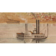 FOLK PAINTING, IN OIL ON WOODEN PANEL, OF THE PADDLEWHEEL STEAMER "GREY EAGLE" BEFORE THE TOWNSCAPE OF ALTON, ILLINOIS, AT THE CONVERGENCE OF THE ILLINOIS & MISSISSIPPI RIVERS, circa 1865-1888
