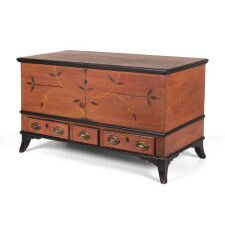 PAINTED, CENTRE COUNTY, PENNSYLVANIA BLANKET CHEST IN SALMON AND BLACK WITH FLORAL DECORATION, 3 DRAWERS, AND APPLIED, SPLAY FEET, circa 1815-1825