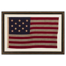 13 STARS WITH SHORT, CONICAL ARMS ON A SMALL SCALE, ANTIQUE AMERICAN FLAG DURING THE LAST DECADE OF THE 19TH CENTURY; POSSIBLY OF PHILADELPHIA ORIGIN; FORMERLY IN THE COLLECTION OF BOLESLAW & MARIE D'OTRANGE MASTAI, THE FIRST MAJOR COLLECTORS TO PUBLISH A PICTORIAL REFERENCE
