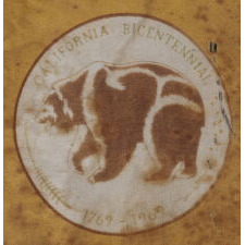 CALIFORNIA BEAR FLAG VARIANT DESIGN, MADE IN 1969 FOR THE 200TH ANNIVERSARY OF THE OF THE FIRST EUROPEAN DISCOVERY OF THE SAN FRANCISCO BAY; THE ONLY EXAMPLE OF THIS TEXTILE THAT I HAVE EVER ENCOUNTERED