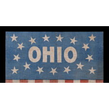 RARE AND UNUSUAL PARADE FLAG BANNER WITH 17 STARS ON A BLUE GROUND AND THE 1866 VERSION OF THE OHIO STATE SEAL ON A GROUND OF 13 RED AND WHITE STRIPES, MADE CA 1890 -1905, EXHIBITED JUNE-SEPT., 2021 AT THE MUSEUM OF THE AMERICAN REVOLUTION